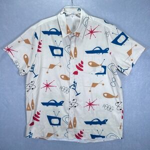 Hawalili Button Down Shirt Mens XL Cream MCM Atomic Retro Novelty Print 1152192#